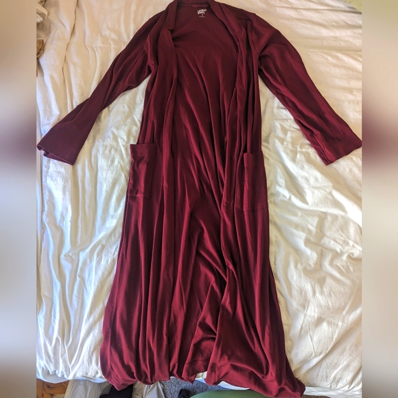 Lands' End Women's Cotton Long Sleeve Midcalf Robe XS in Maroon - Picture 2 of 4